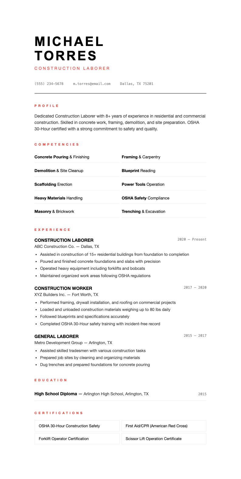 Modern minimal construction laborer resume